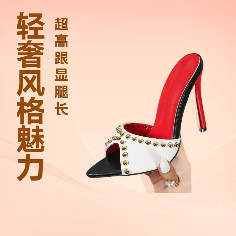 2026 new european and american style pointed-toe stiletto heel rivet color block peep-toe sandals women's fashion high heels for outdoor wear