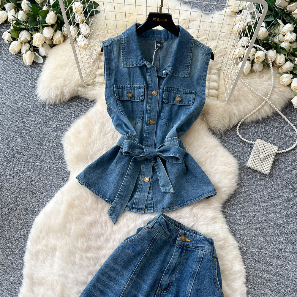 Hong kong style spicy girl sleeveless denim two-piece set - women's summer slimming tank top & high-waisted pants casual chic outfit