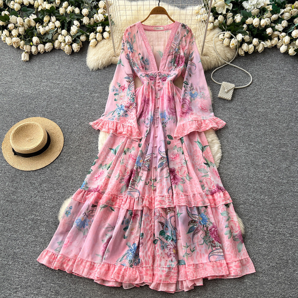 Vacation style printingv neck lantern sleeve dress women's early spring waist ruffles a-line long skirt classy style