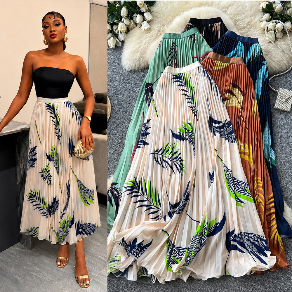 French printinghigh waistslimming looka-line pleated skirt women's summer midi skirt vacation style elegant work clothing skirt