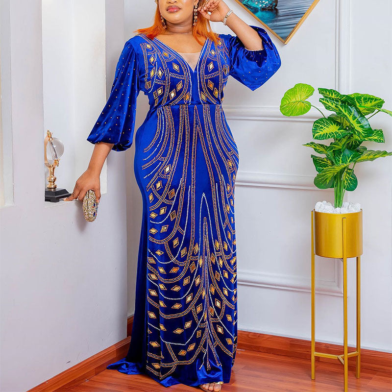 African cross-border supply  new style elegantwork clothing velvet patchwork mesh hot diamond hip-covering fishtail long skirt