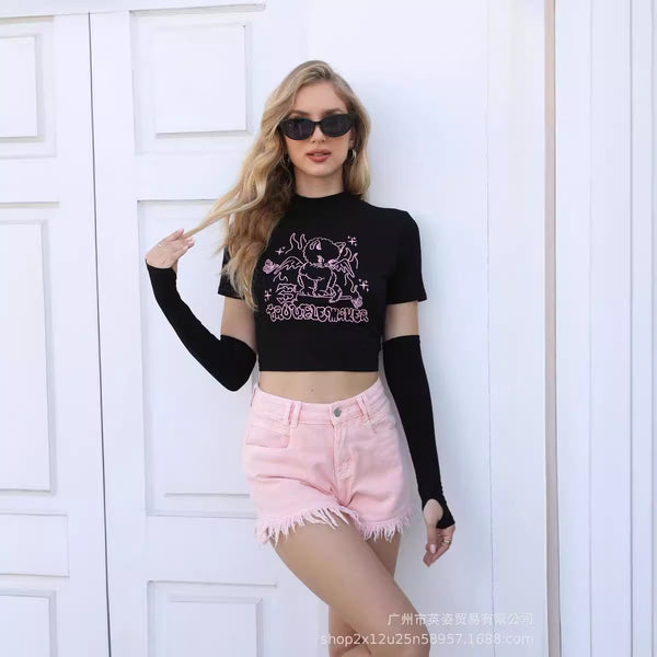 European and American  women's clothing shein popular Spice Girls short-sleeved sunscreen sleeves solid color printed short T-shirt looks thin