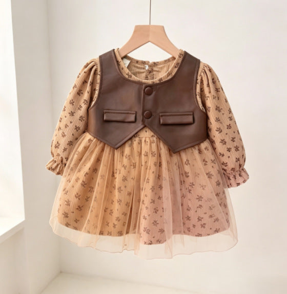 Girls' long-sleeve dress - spring/autumn  new collection - princess style long-sleeve tulle dress with vest overlay (two-piece look)