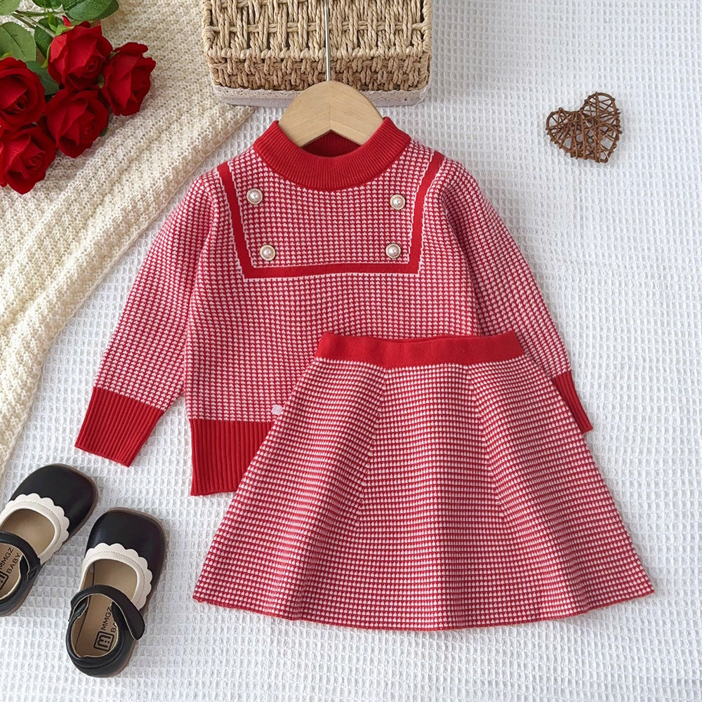 Autumn/winter new korean style girls' sweater set - little girl's simple plaid long-sleeve knit top and skirt two-piece outfit