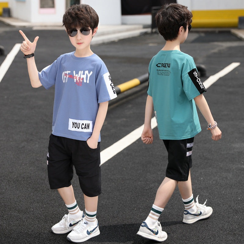 Boys' summer outfit: lightweight short-sleeve sports set - breathable two-piece casual set for older boys - trendy brand