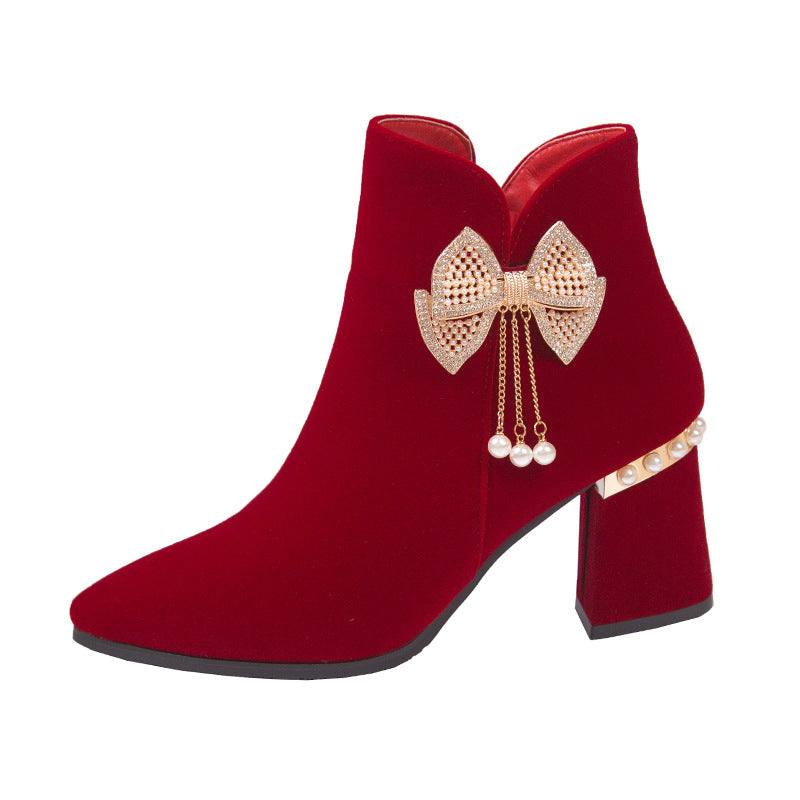 Wedding shoes and boots 2024 new arrival engagement toast red thick heel bridal shoes xiuhe chinoiserie high heels short boots