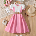 girls' dress - pink & white color block, bubble sleeves, belted waist, sweet princess style, summer children's skirt