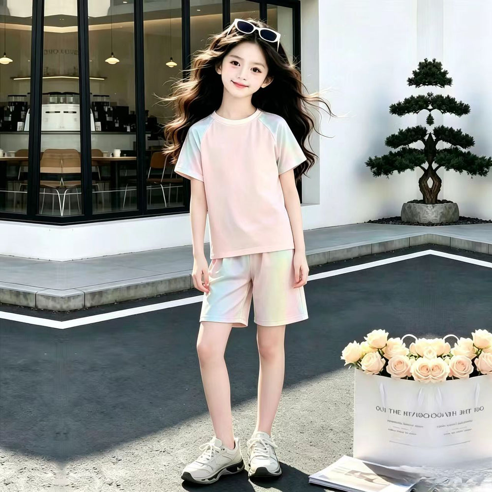 Kids'  summer new ice silk set - girls' cute student style, casual colorful gradient two-piece outfit for mid-to-large children