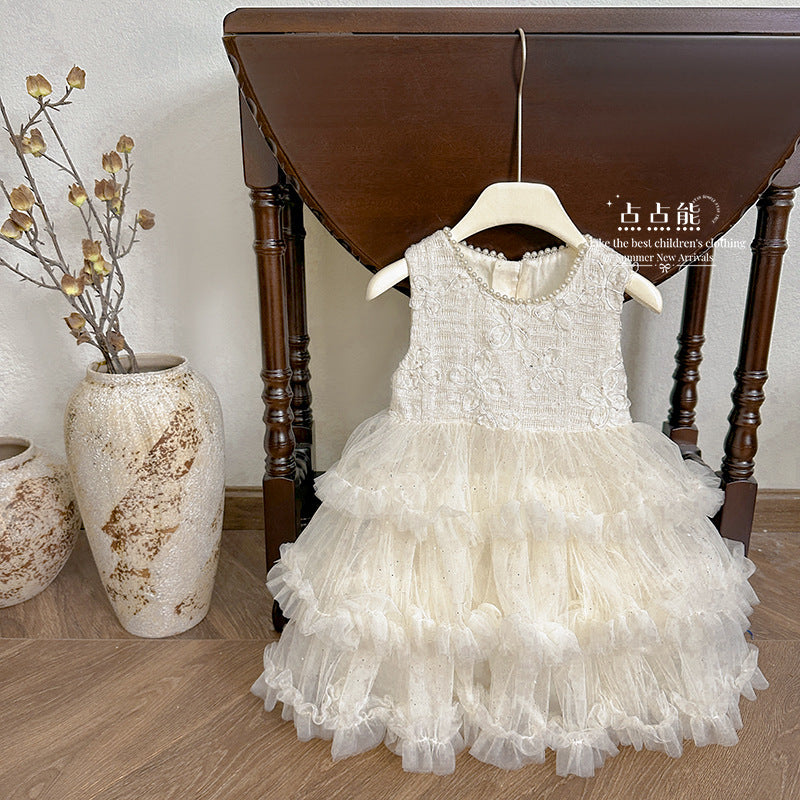 summer new girls' fashion floral embroidered sleeveless puffy soft tulle skirt chic and stylish dress princess dress