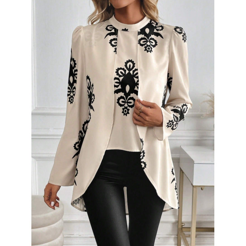 women's black floral print ribbed collar blouse with bubble sleeves and asymmetrical hem satin casual top