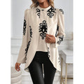 women's black floral print ribbed collar blouse with bubble sleeves and asymmetrical hem satin casual top