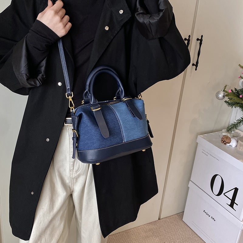 Foreign order denim bag women's versatile 2025 new casual messenger bag contrasting color portable Boston bowling bag