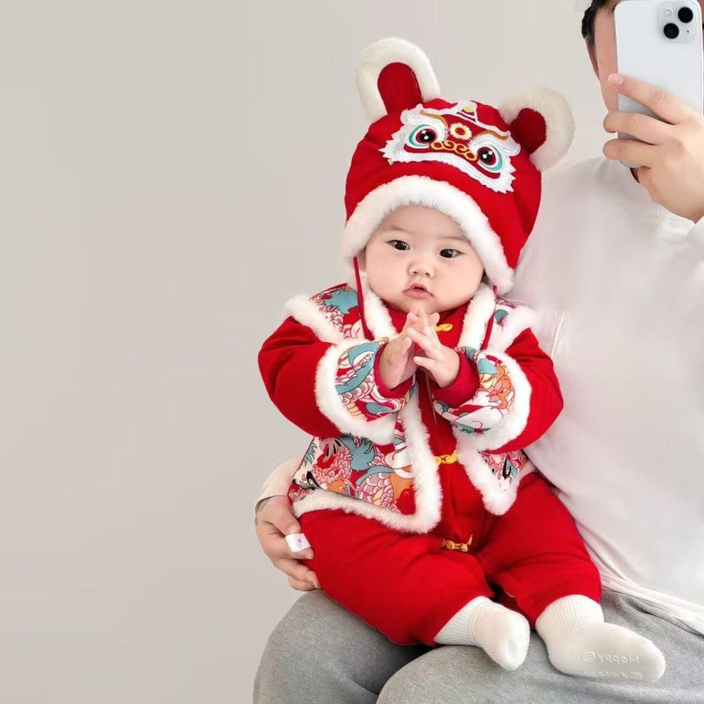 Festive new year outfit for baby: chinese new year clothes, full month, 100-day celebration, first birthday cotton-padded jumpsuit, red romper, fleece-lined outdoor cotton-padded coat