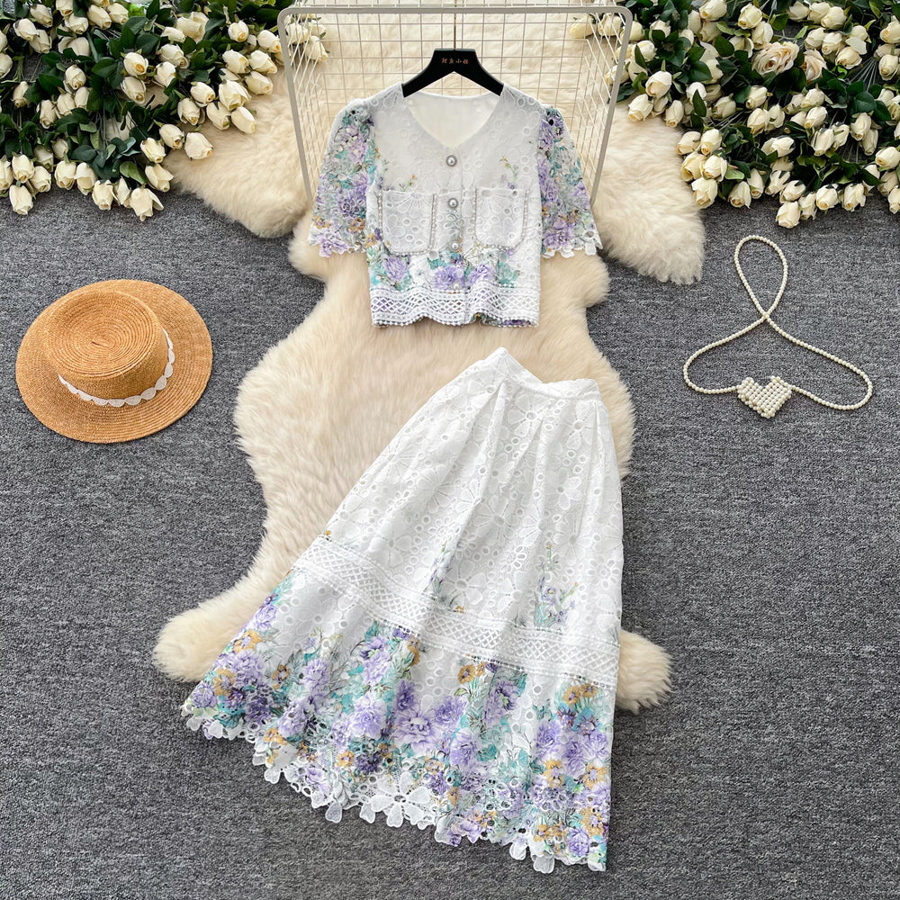 High-end, chic, and luxurious two-piece set:  summer new arrival - embroidered water-soluble lace top and high-waisted midi skirt for women