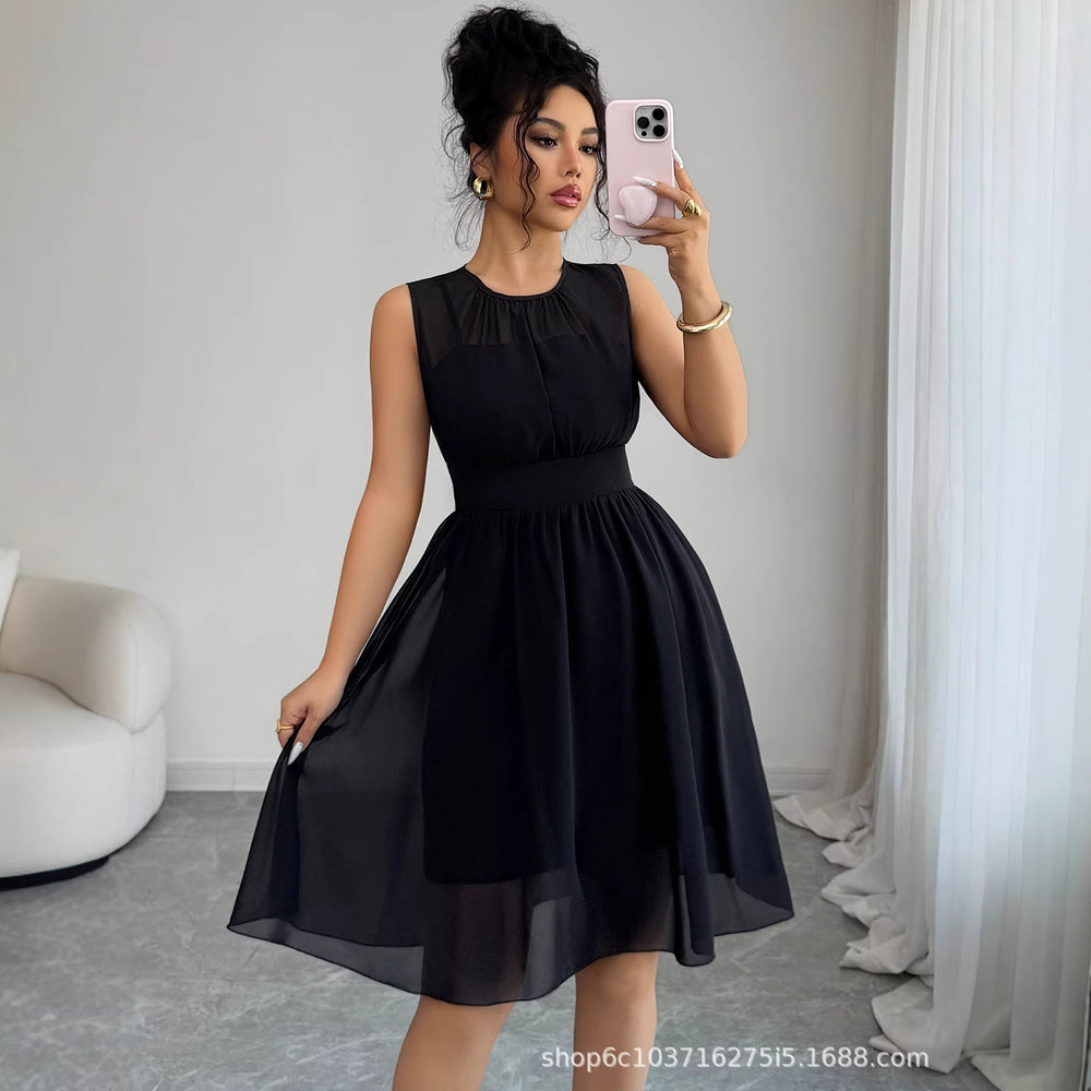 summer new arrival: european and american style black sleeveless chiffon dress - women's slimming, figure-flattering design