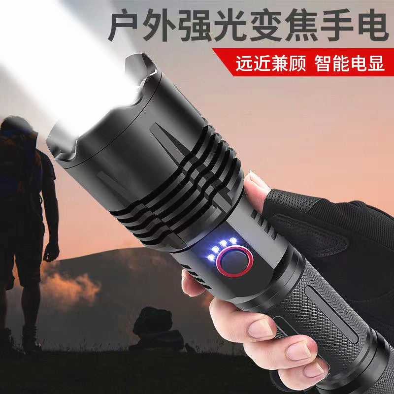Cross-border new P70 strong light USB charging output, with power display LED telescopic zoom white laser flashlight