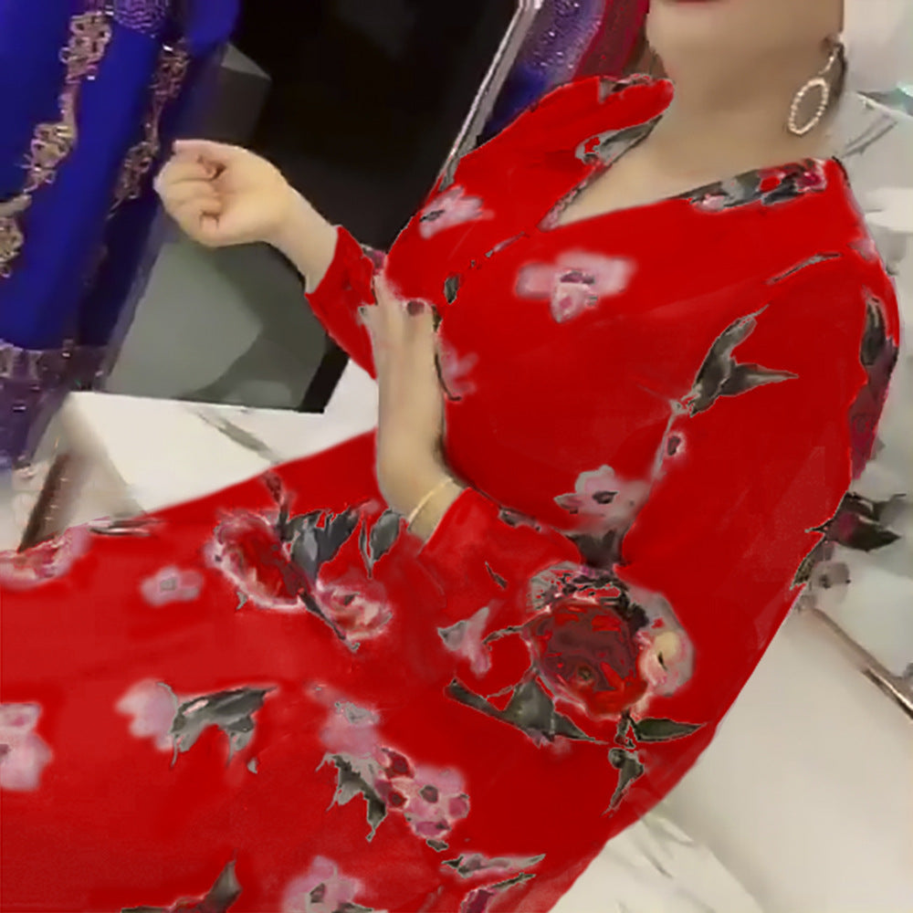 women's plus size cross-border e-commerce new v-neck long sleeve maxi chiffon african print dress with belt