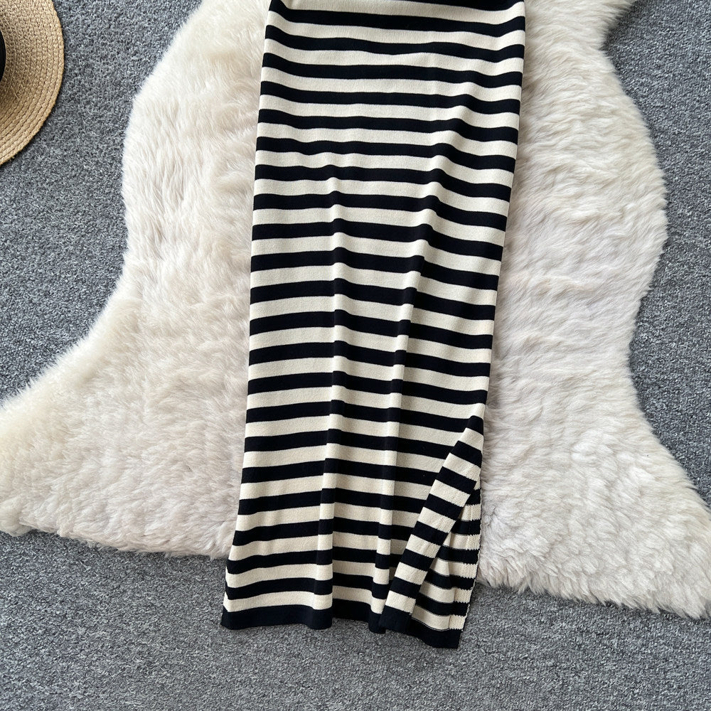 Lazy stripes suspender sleeveless dress women's summerknitting silmslimming lookelegant long skirt work clothing outfit