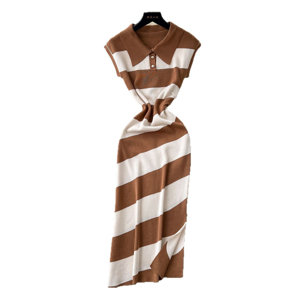 Niche styleretrofashionpolo collar short sleevecontrast colorstripesknittingdress women's waist slit sweater skirt