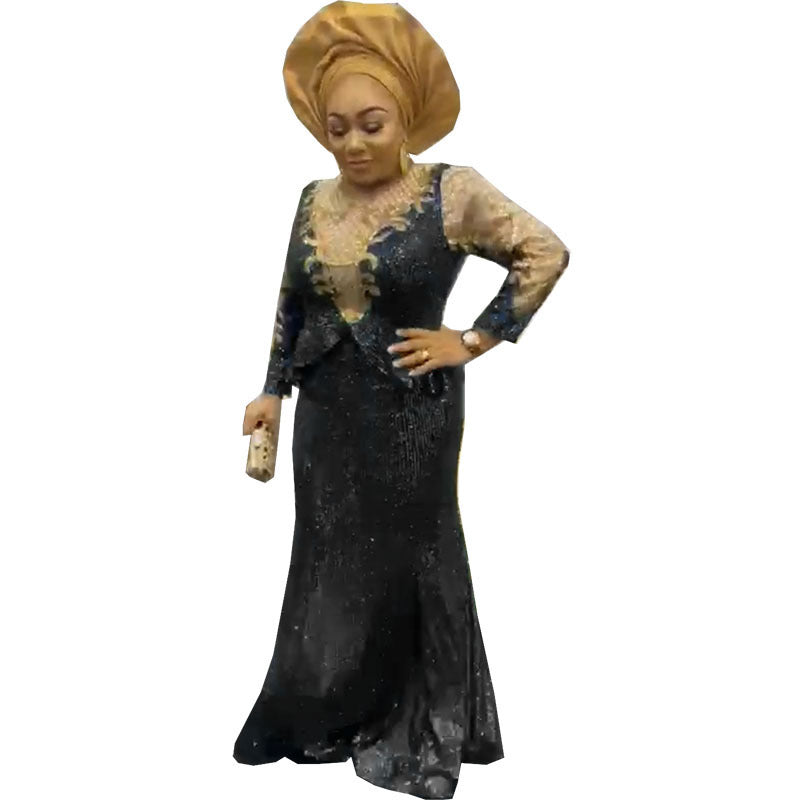 supply elastic sequinembroidered mop long skirt round neck long sleeveselegant evening dress