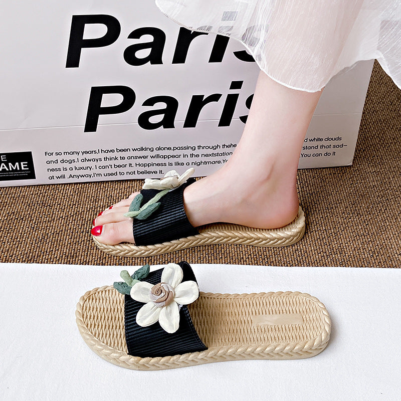 New summer fairy style color block floral slides - women's beach sandals, fashionable outdoor wear, flat, non-slip