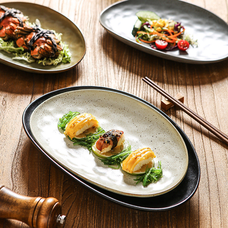 Retro stoneware oval ceramic long plate restaurant for home large capacity stylish fish plate sushi pastry dessert plate