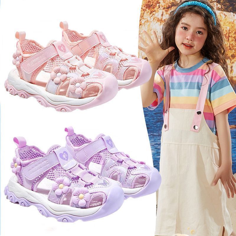 Girls' sandals: new spring/summer  collection - breathable mesh, closed-toe casual sandals for girls, trendy floral design for toddlers and big kids
