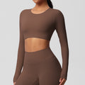 Ready-to-ship, cross-border, double-sided brushed, long-sleeved yoga top with built-in bra pads, suitable for pilates, running, and other workouts. women's