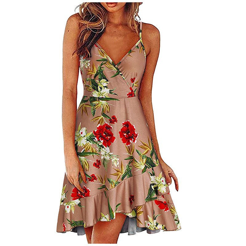 summer new european and american style sexy fashion v-neck cami dress sleeveless backless printed dress