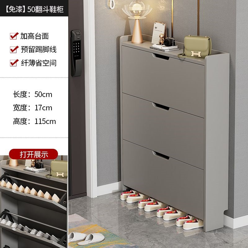 Ultra-thin flip-top shoe cabinet, modern minimalist design, perfect for small apartments. entryway console with concealed handles, multi-layered dustproof storage shoe rack