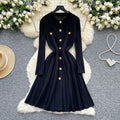 Classysense niche stylefrenchretro metal buckle waist slimming look round neck long sleevessweaterdress women's bottom long skirt
