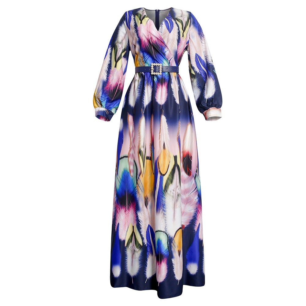 Kayaat clothing new arrival waist slimming look tall and slim oversized graffiti chiffon v neckdress african women's clothing plus size