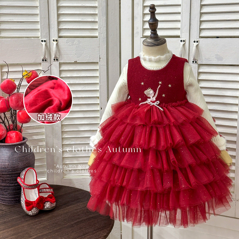 Girls' fleece-lined dress  - stylish red little girl's dance princess tutu dress