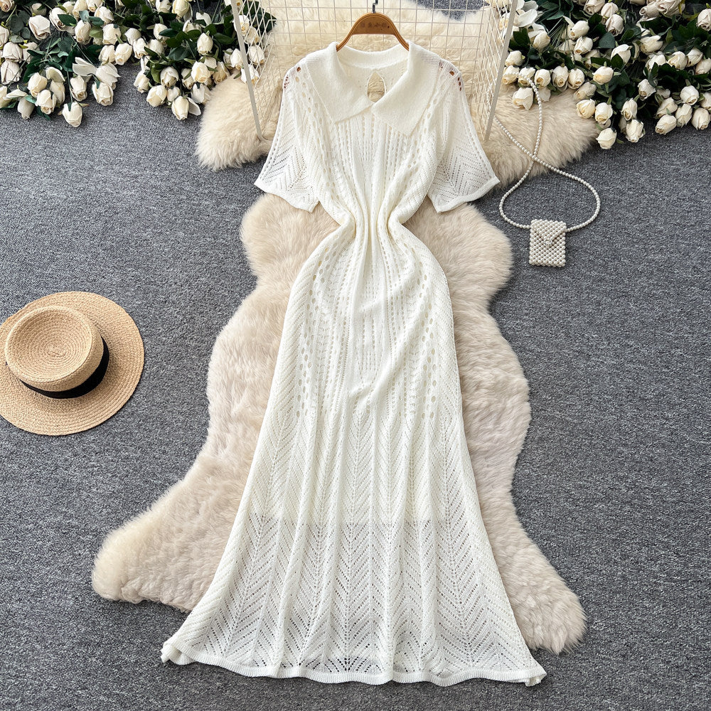 Korean style light luxury lapel short sleeve hollow-out knit dress - women's summer cinched waist tie a-line maxi dress - commute friendly