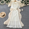 Korean style light luxury lapel short sleeve hollow-out knit dress - women's summer cinched waist tie a-line maxi dress - commute friendly