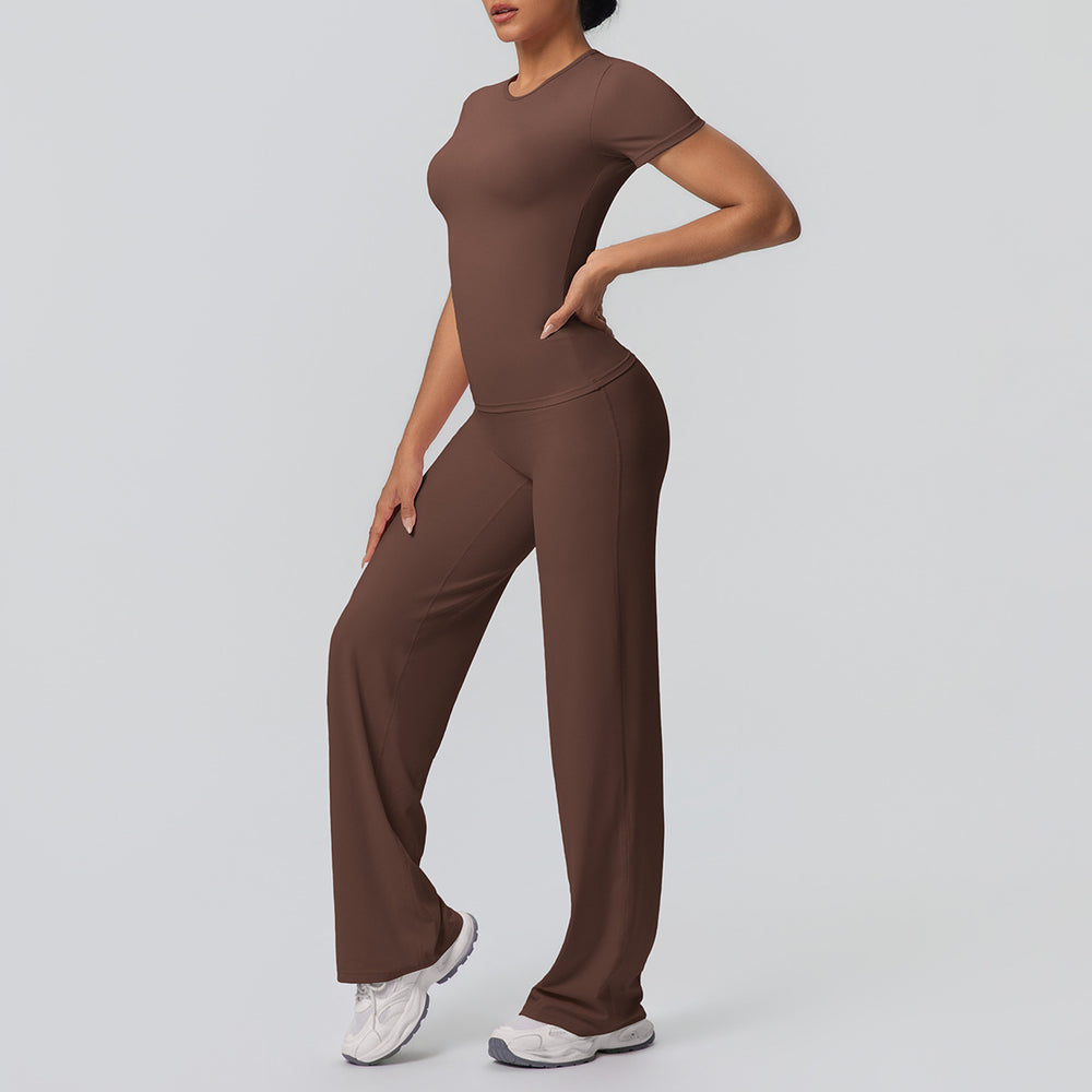 double-sided brushed pure color tight training long sleeves wide-leg yoga suit sports running fitness two-piece set