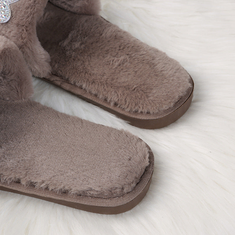 2024 new fuzzy slippers - autumn/winter butterfly slides, wholesale cotton house slippers with rhinestone embellishments, women's plush slippers for outdoor wear