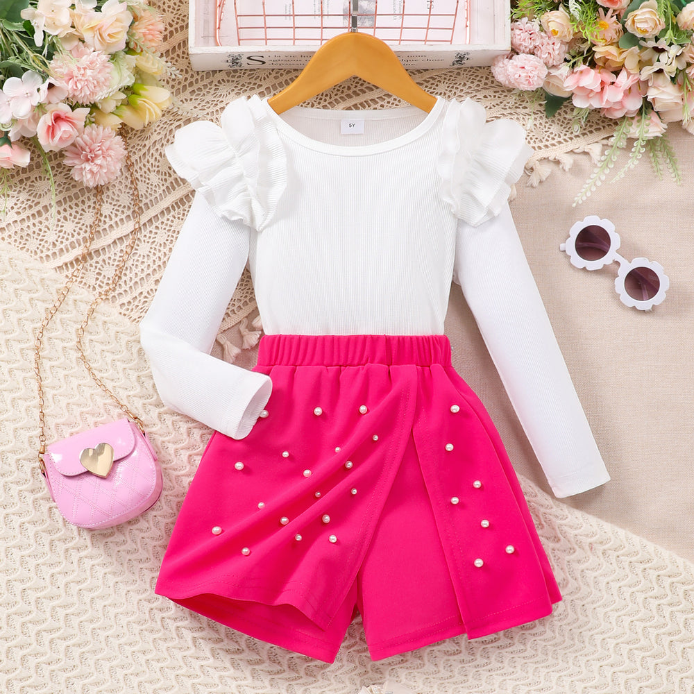 Girls' two-piece set: solid color long-sleeve crewneck top + elastic waist beaded skort