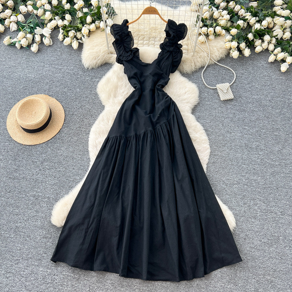 Frenchruffles square neck dress women's summernew arrivalk-stylehigh waistslimming look holiday styleelegant long skirt