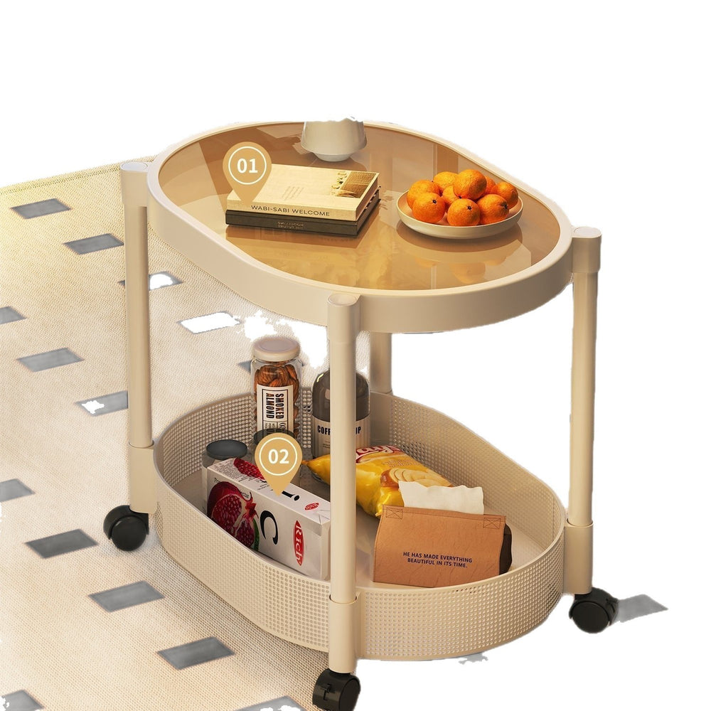 Small apartment mobile oval cream coffee table, sofa side table, small table, living room storage and snack cart