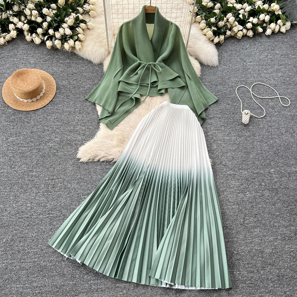 Miya pleated butterfly sleeve gradient tie back shawl short outweartops+gradient pleated skirt two-piece set