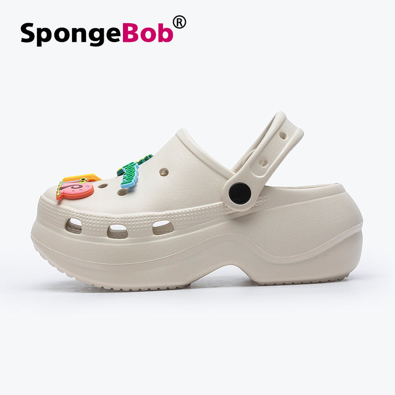 Spongebob squarepants thick sole crocs women's summer outwear non-slip heightening fairy style beach two-wear toe-cap half slippers