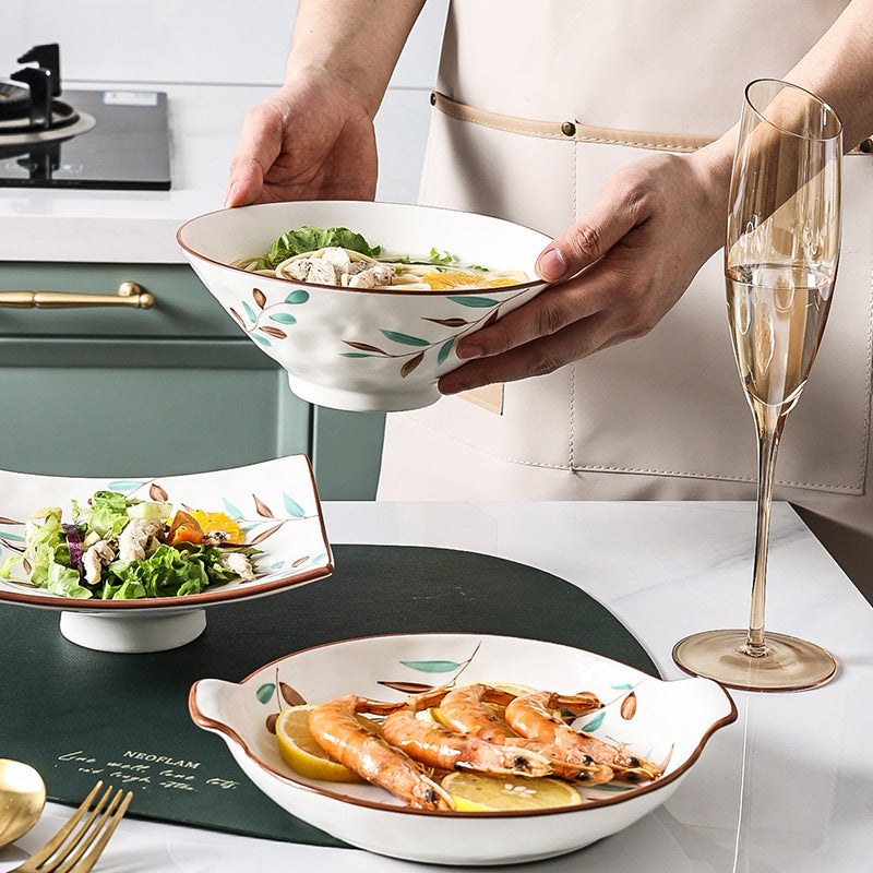 Nordic hand-painted leaf ceramic dinnerware set - includes plates, bowls, and dishes with handles for home use: dinner plates, vegetable plates, fish plates, noodle bowls, and snack dishes