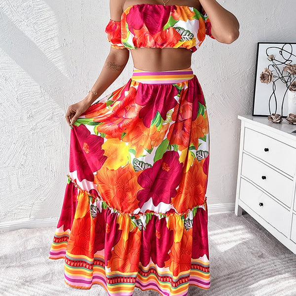 LZS4178 new color flower print short top skirt set (2-piece set)