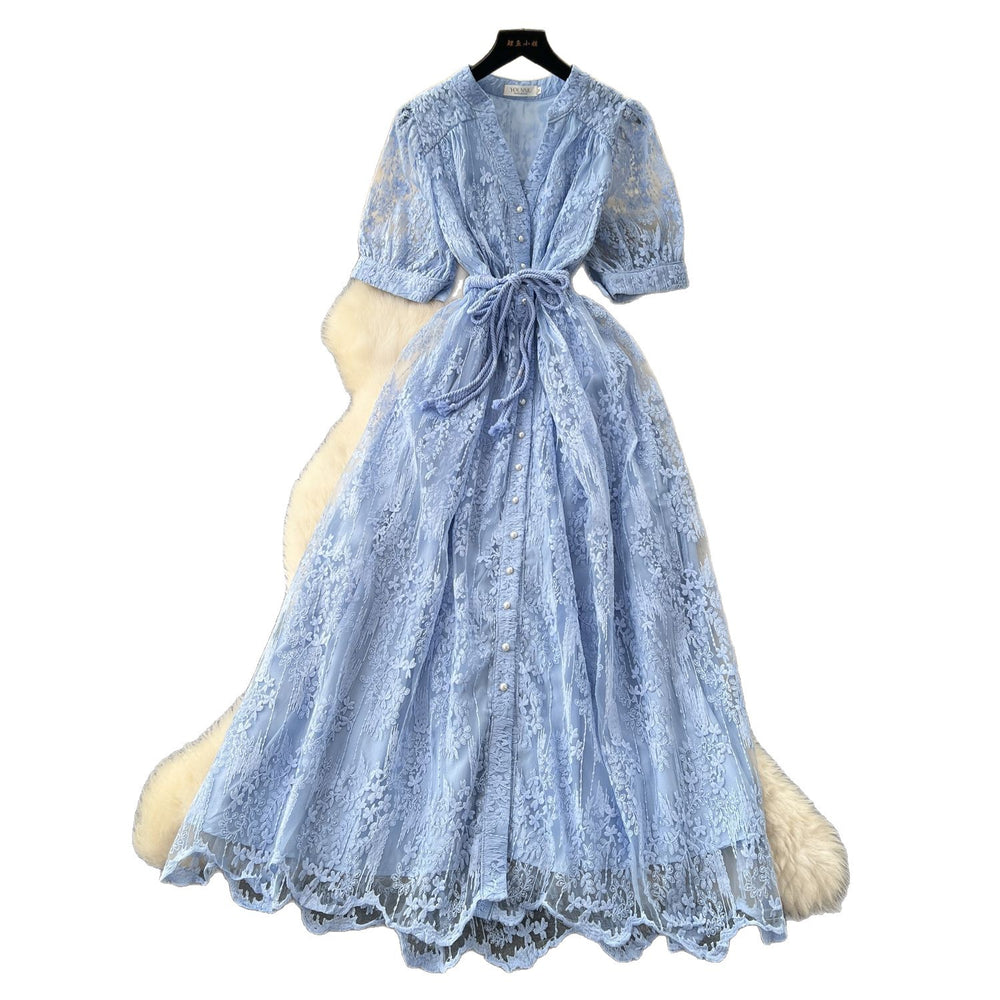 French chic high-end women's dress - 2025 summer fashion: tie-waist, single-breasted, embroidered mesh maxi dress
