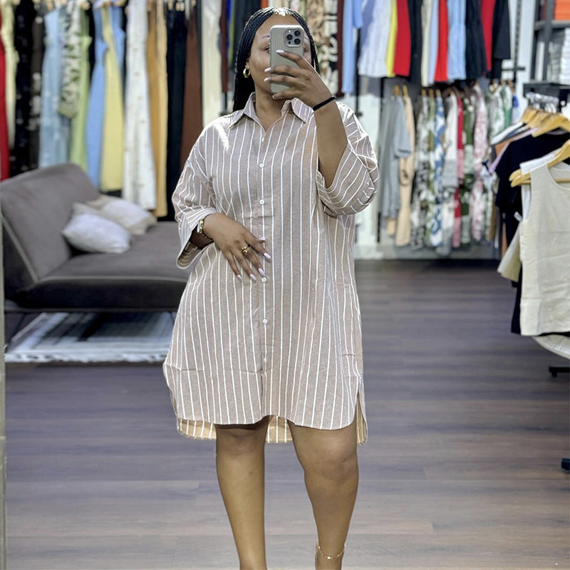European and american cross-border women's clothing:  summer new fashion turn-down collar button-down loose striped long-sleeve mid-length shirt for women