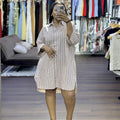 European and american cross-border women's clothing:  summer new fashion turn-down collar button-down loose striped long-sleeve mid-length shirt for women