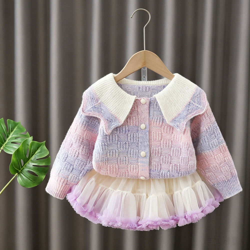Girls' sweater set -  autumn collection: gradient knit cardigan & cute tutu skirt two-piece outfit