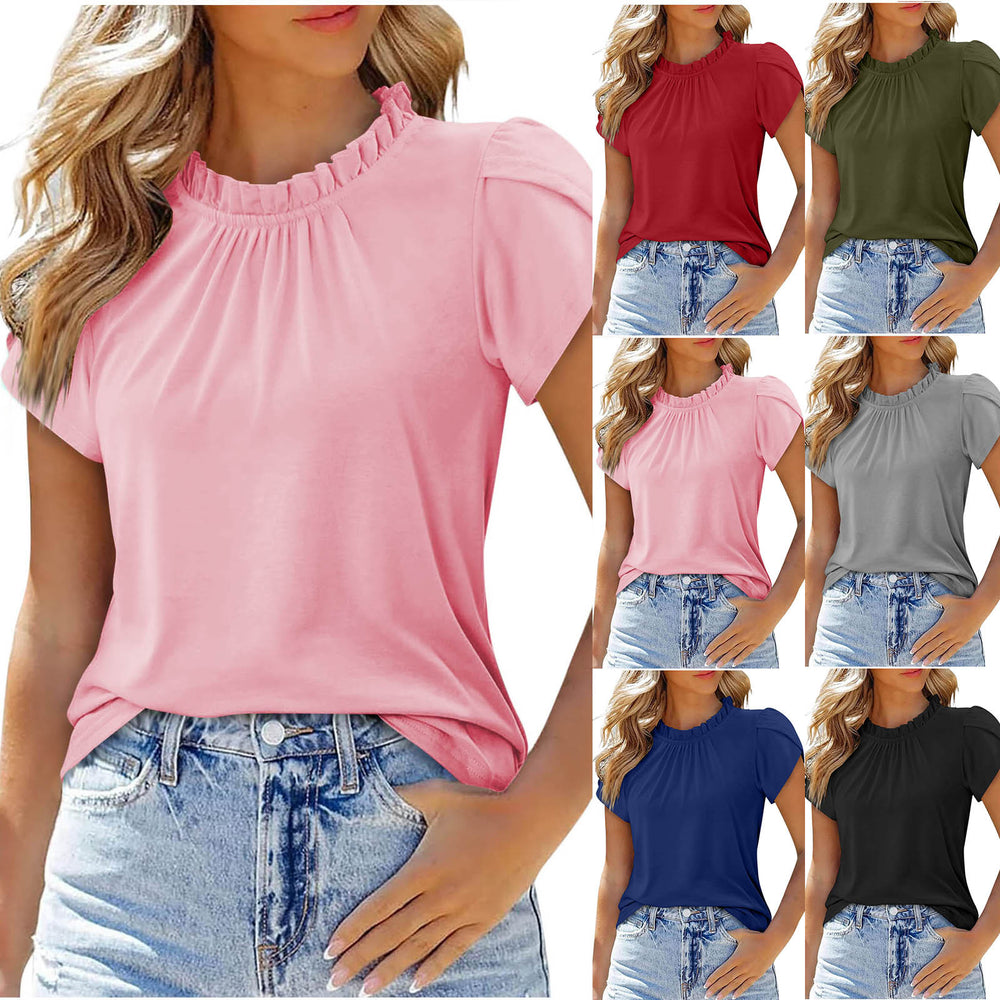 cross-border women's solid color button-down crew neck short sleeve ruched top
