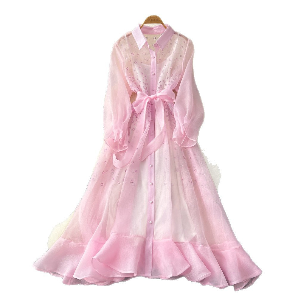 Korean style light luxury long sleeve lantern sleeve mesh dress women's summer tie-waist a-line elegant maxi dress for work